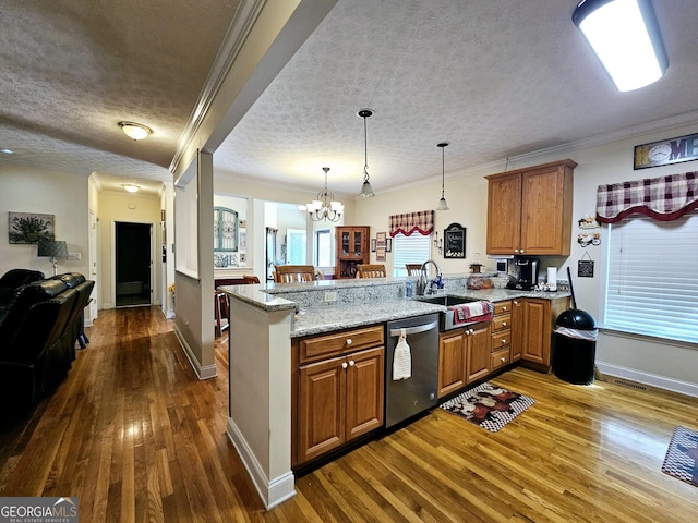 403 Holiday Rd, Franklin, GA 30217 - kitchen with brown cabinets, dishwasher, a peninsula, and a sink