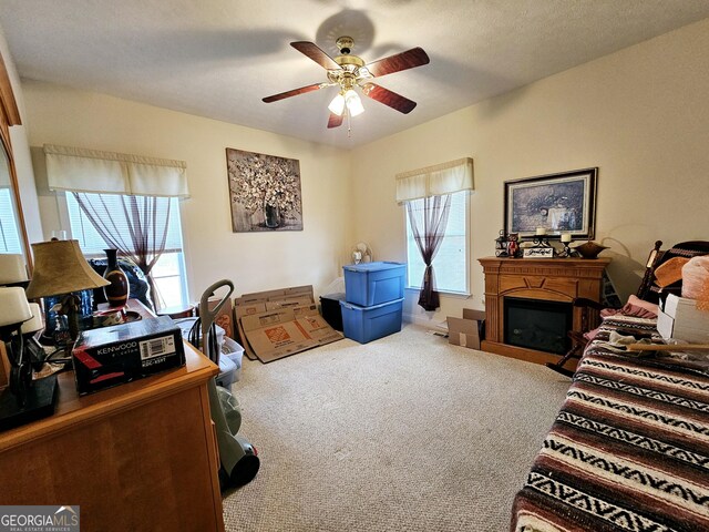 403 Holiday Rd, Franklin, GA 30217 - interior space featuring carpet, a glass covered fireplace, and a ceiling fan