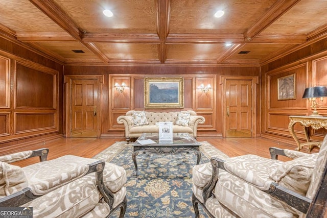 3201 Lenox Rd NE Unit 16, Atlanta, GA 30324 - living room featuring a wood ceiling with exposed beams, recessed lighting, light wood finished floors, and wood walls