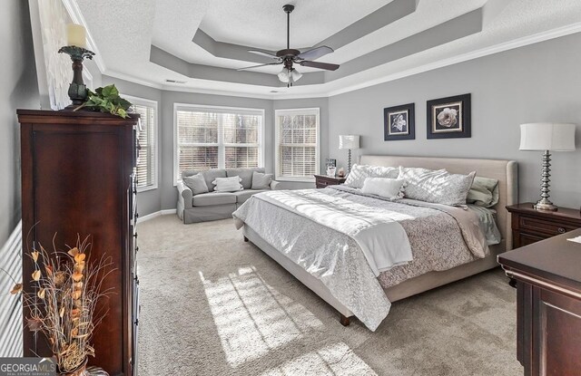310 Persimmon Dr, Sharpsburg, GA 30277 - bedroom featuring a raised ceiling, light colored carpet, crown molding, and a ceiling fan