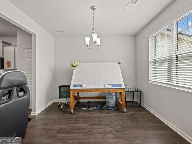 2027 Massey Ln, Winder, GA 30680 - office with visible vents, baseboards, wood finished floors, and a chandelier