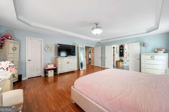 3015 Gold Creek Dr, Villa Rica, GA 30180 - bedroom featuring a tray ceiling, wood finished floors, and ornamental molding
