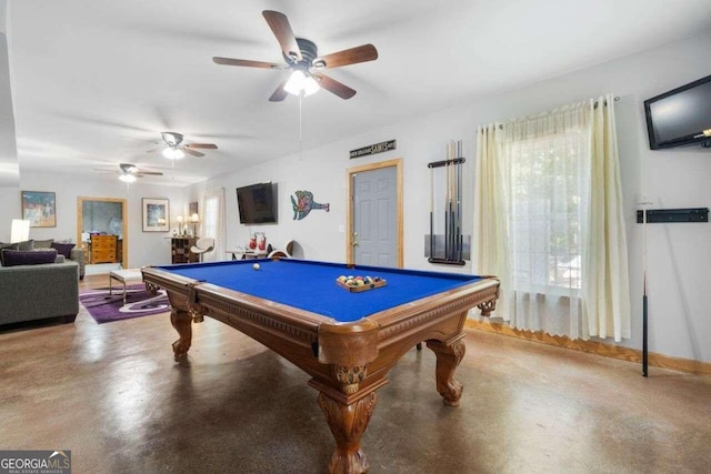 3015 Gold Creek Dr, Villa Rica, GA 30180 - rec room featuring pool table, finished concrete flooring, and a ceiling fan