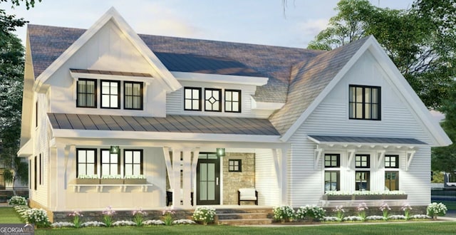 6841 Phillips Mill Rd, Douglasville, GA 30135 - modern inspired farmhouse featuring a standing seam roof, covered porch, metal roof, and a shingled roof