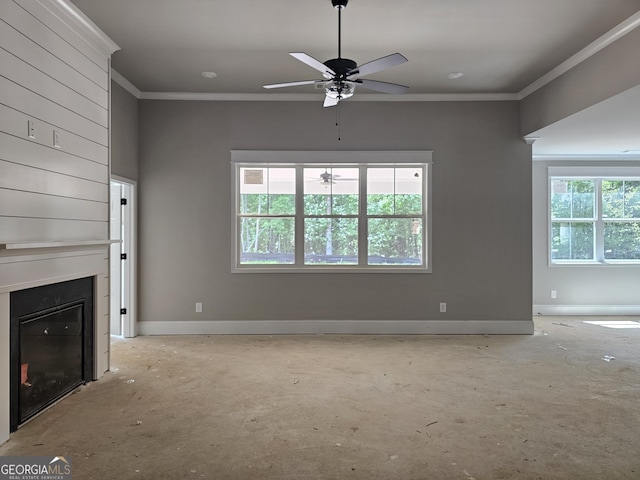 6841 Phillips Mill Rd, Douglasville, GA 30135 - unfurnished living room with ceiling fan, crown molding, a large fireplace, baseboards, and concrete flooring