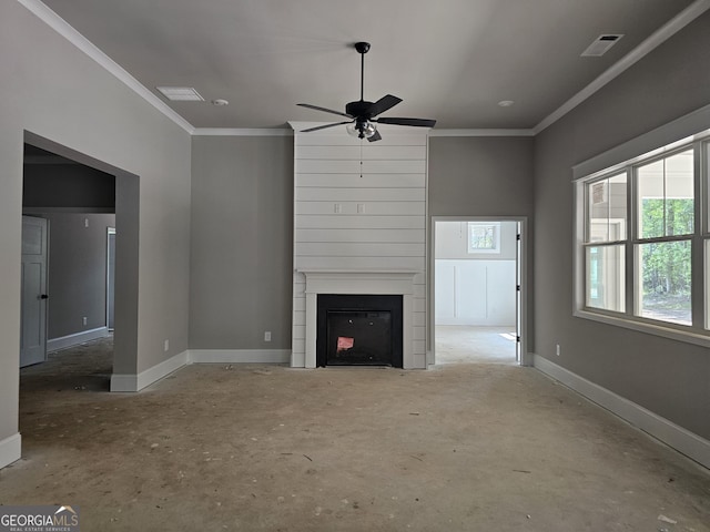 6841 Phillips Mill Rd, Douglasville, GA 30135 - unfurnished living room with crown molding, a ceiling fan, baseboards, and a fireplace