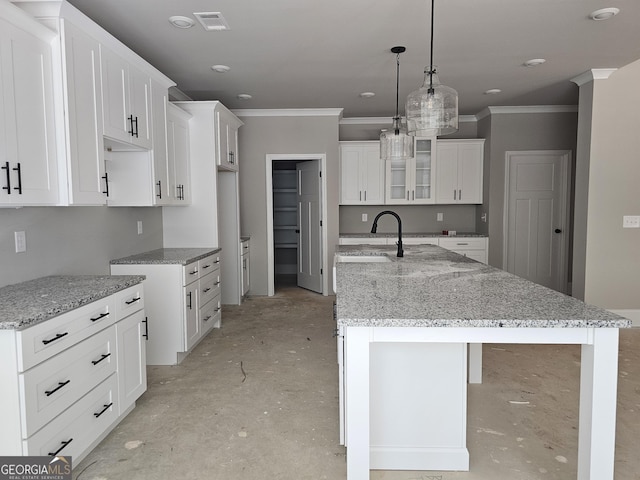 6841 Phillips Mill Rd, Douglasville, GA 30135 - kitchen with a sink, crown molding, a kitchen island with sink, white cabinetry, and light stone counters