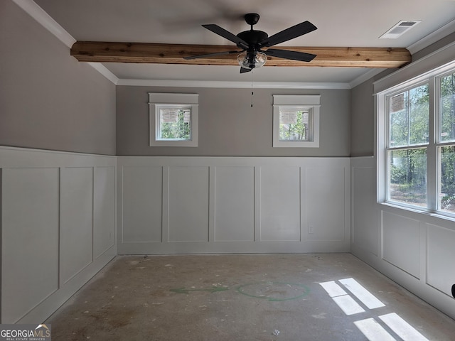 6841 Phillips Mill Rd, Douglasville, GA 30135 - unfurnished room featuring a decorative wall, plenty of natural light, wainscoting, a ceiling fan, and ornamental molding