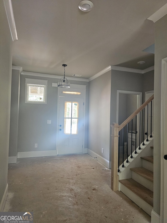 6841 Phillips Mill Rd, Douglasville, GA 30135 - unfurnished living room featuring crown molding, stairway, and baseboards