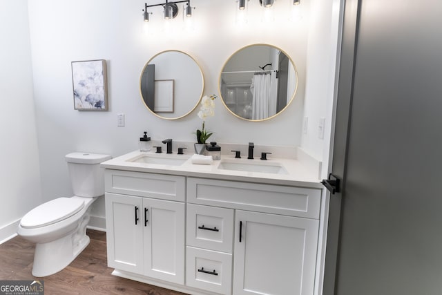 6592 Factory Shoals Rd SW, Mableton, GA 30126 - full bath featuring toilet, wood finished floors, double vanity, baseboards, and curtained shower