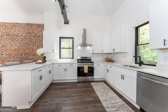 6592 Factory Shoals Rd SW, Mableton, GA 30126 - kitchen featuring appliances with stainless steel finishes, wall chimney range hood, a sink, a peninsula, and white cabinets