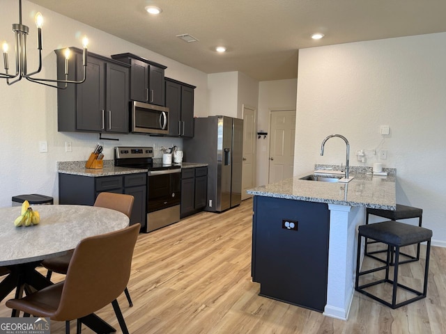 kitchen featuring stainless steel appliances, a sink, a kitchen breakfast bar, light wood finished floors, and a peninsula
