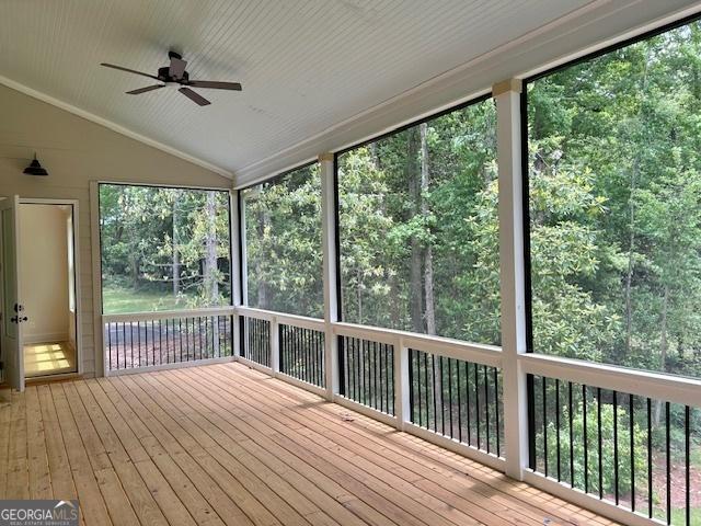 7 Fontaine Dr, Newnan, GA 30263 - unfurnished sunroom with ceiling fan and vaulted ceiling