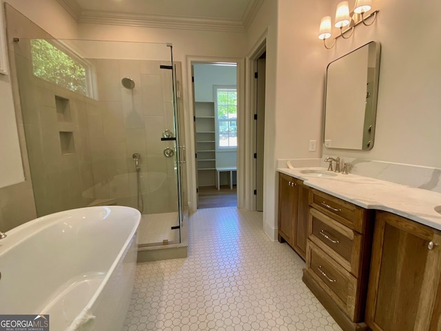 7 Fontaine Dr, Newnan, GA 30263 - bathroom with vanity, a freestanding tub, a shower stall, crown molding, and tile patterned floors