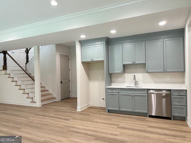 7 Fontaine Dr, Newnan, GA 30263 - kitchen featuring stainless steel dishwasher, gray cabinetry, a sink, baseboards, and recessed lighting