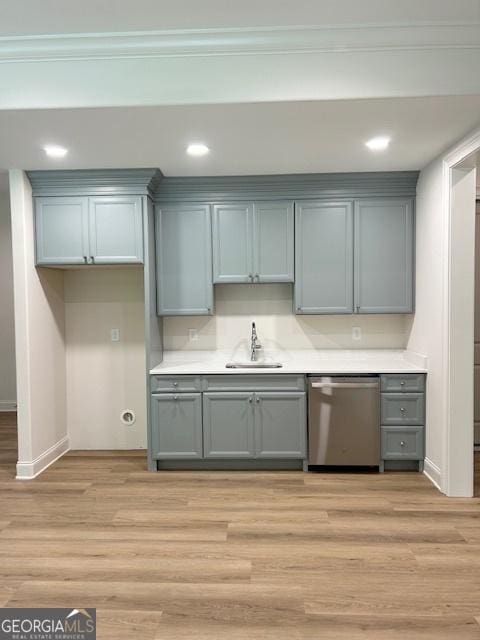 7 Fontaine Dr, Newnan, GA 30263 - kitchen with dishwasher, gray cabinets, a sink, baseboards, and light wood-style floors