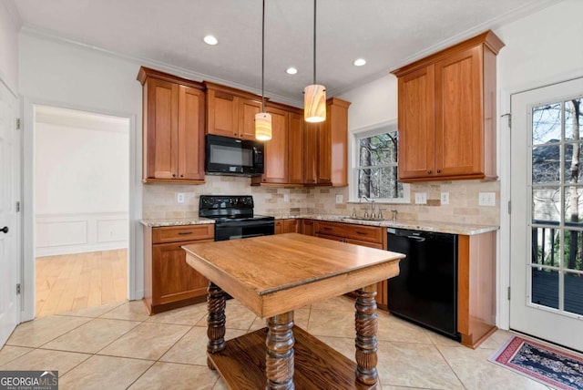 2002 Stonewick Ct, Lawrenceville, GA 30043 - kitchen with black appliances, brown cabinets, backsplash, light tile patterned floors, and recessed lighting