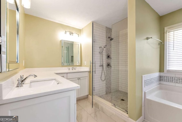 2002 Stonewick Ct, Lawrenceville, GA 30043 - full bathroom featuring a tile shower, a bath, double vanity, and marble look tiles