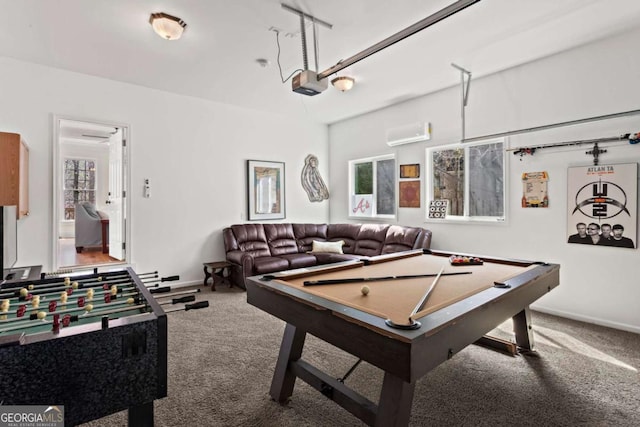 game room featuring carpet flooring, pool table, an AC wall unit, and baseboards