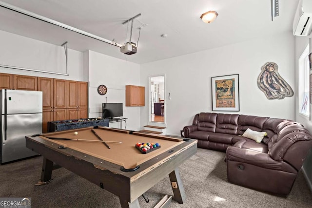 game room featuring pool table, carpet flooring, and a wall mounted AC