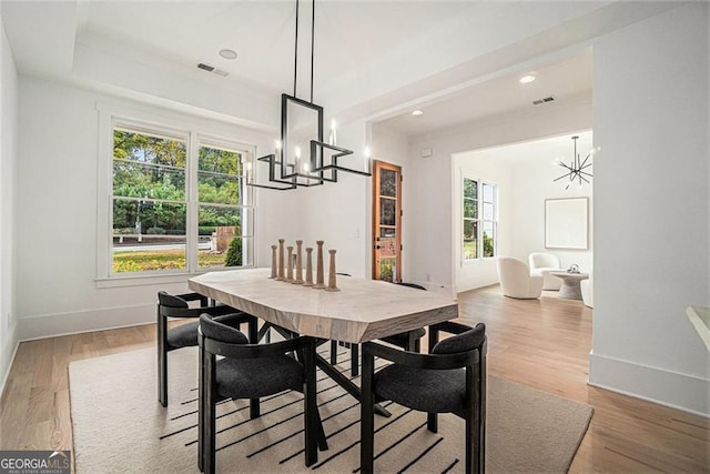 396 Academy St, Alpharetta, GA 30009 - dining space with a chandelier, baseboards, light wood-type flooring, and recessed lighting
