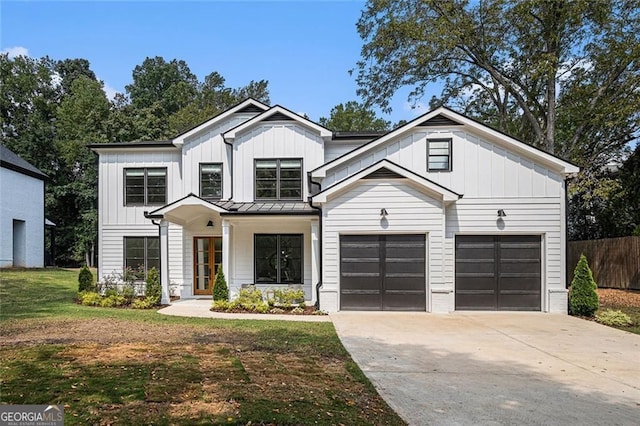 396 Academy St, Alpharetta, GA 30009 - modern farmhouse style home with driveway, board and batten siding, a standing seam roof, and metal roof