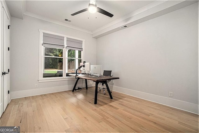 396 Academy St, Alpharetta, GA 30009 - office with ornamental molding, light wood finished floors, ceiling fan, and baseboards