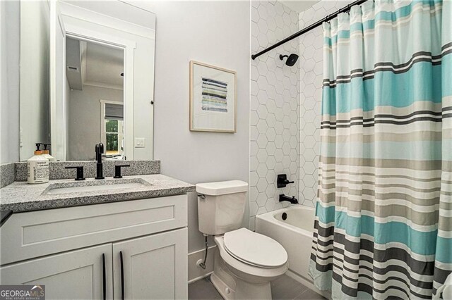 396 Academy St, Alpharetta, GA 30009 - bathroom featuring toilet, vanity, shower / tub combo, ornamental molding, and tile patterned flooring