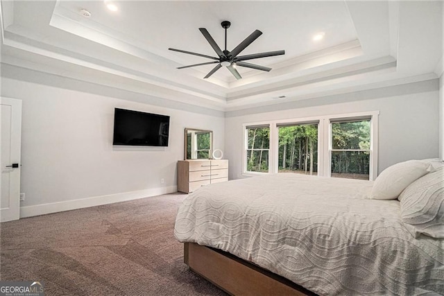 396 Academy St, Alpharetta, GA 30009 - bedroom with a tray ceiling, baseboards, carpet floors, recessed lighting, and a ceiling fan