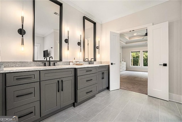 396 Academy St, Alpharetta, GA 30009 - full bath featuring crown molding, ceiling fan, double vanity, tile patterned floors, and baseboards