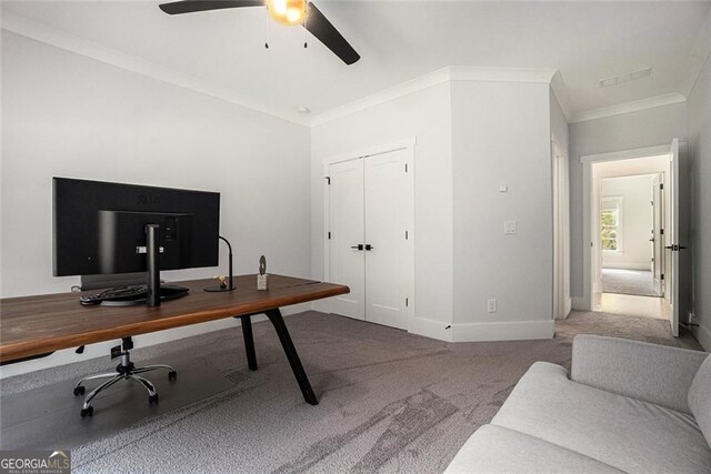 396 Academy St, Alpharetta, GA 30009 - carpeted office space with crown molding, ceiling fan, and baseboards