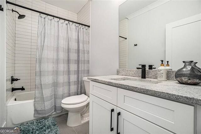 396 Academy St, Alpharetta, GA 30009 - full bathroom with vanity, toilet, shower / bath combo with shower curtain, and tile patterned flooring