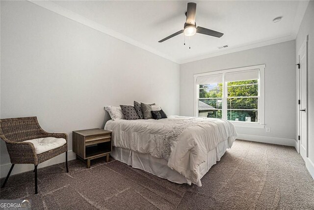 396 Academy St, Alpharetta, GA 30009 - carpeted bedroom with baseboards, a ceiling fan, and ornamental molding