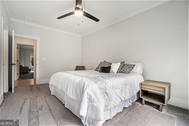396 Academy St, Alpharetta, GA 30009 - carpeted bedroom featuring crown molding, baseboards, and ceiling fan