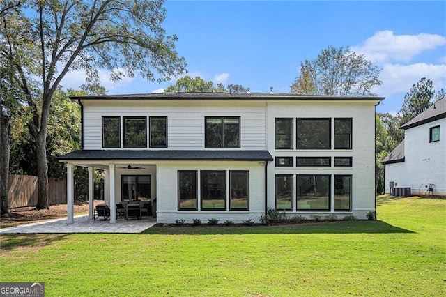 396 Academy St, Alpharetta, GA 30009 - rear view of house with ceiling fan, a patio, cooling unit, and brick siding