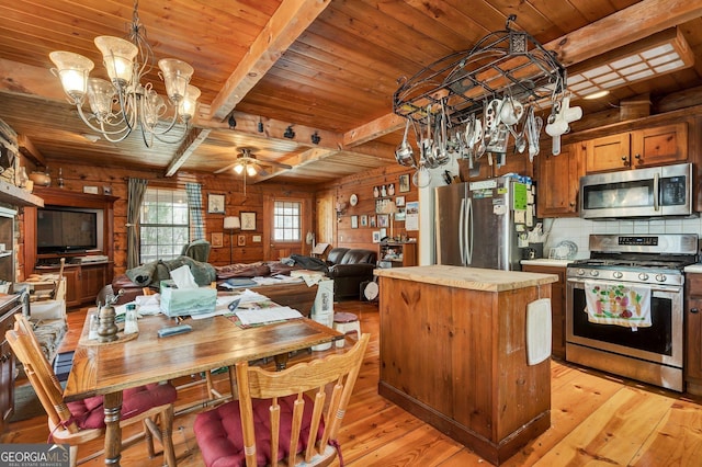kitchen with wood ceiling, light wood-style floors, open floor plan, and appliances with stainless steel finishes
