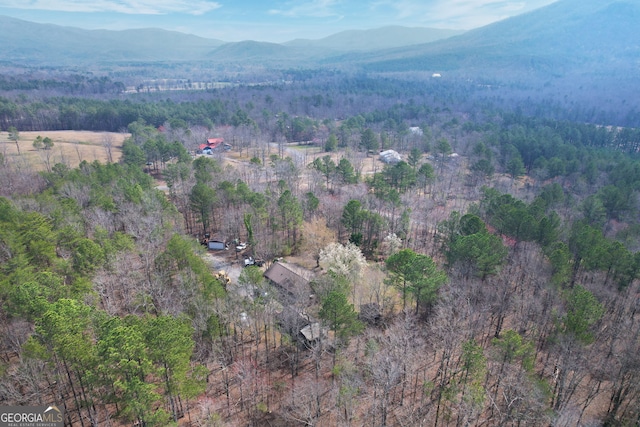 drone / aerial view featuring a mountain view and a forest view