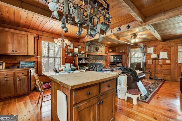 kitchen featuring light wood finished floors, wood walls, butcher block counters, wood ceiling, and beam ceiling