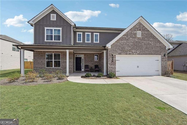 craftsman-style house with an attached garage, board and batten siding, a porch, a front yard, and driveway