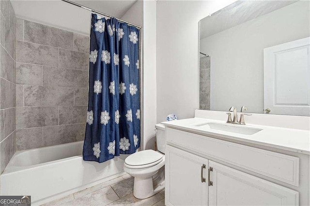 full bathroom with toilet, shower / bath combo, vanity, and tile patterned flooring