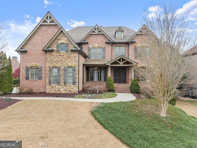 view of front of property with a front yard, brick siding, and a shingled roof