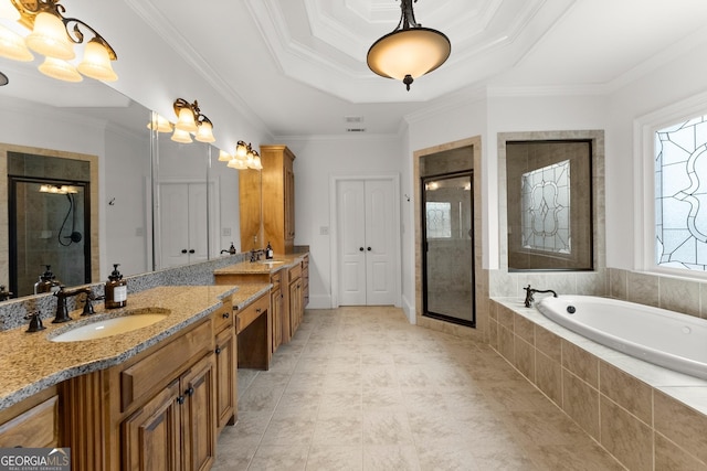 full bathroom with a shower stall, a garden tub, double vanity, and a sink