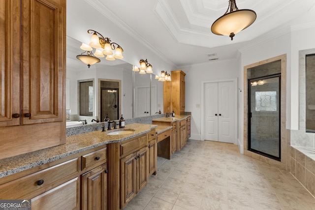 full bathroom featuring a bath, a stall shower, vanity, and ornamental molding