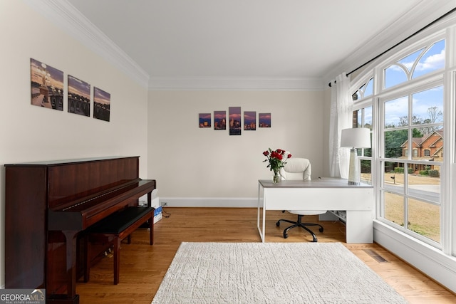 home office with wood finished floors, baseboards, and ornamental molding
