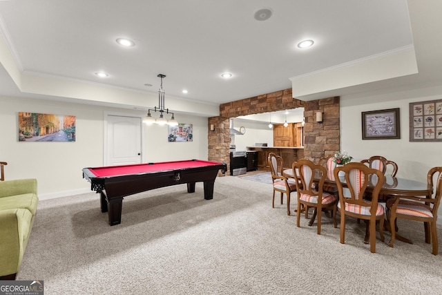 game room featuring recessed lighting, pool table, crown molding, baseboards, and light colored carpet