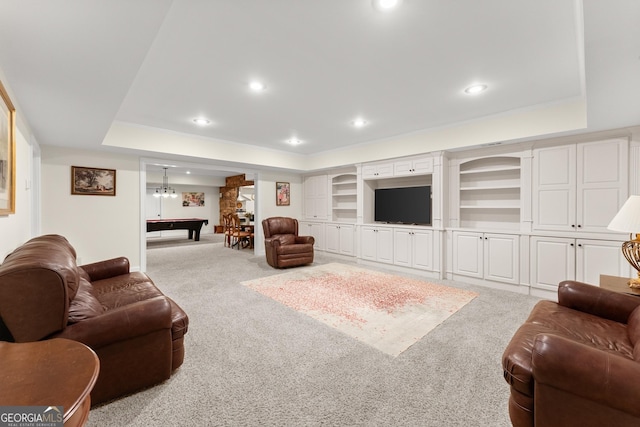 living room with a raised ceiling, billiards, recessed lighting, and carpet floors