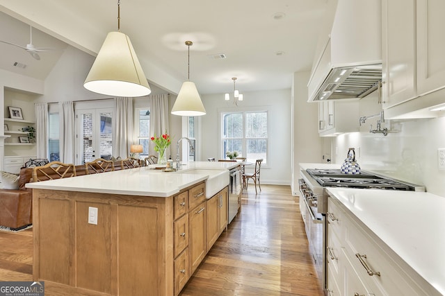 kitchen featuring visible vents, premium range hood, a sink, high end stainless steel range, and light wood-style floors