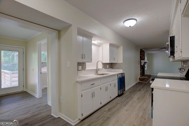 kitchen with a sink, dishwasher, ornamental molding, and tasteful backsplash