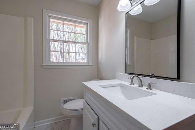 full bathroom with visible vents, vanity, marble finish floor, toilet, and baseboards