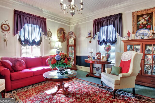 151 Flat Shoals Rd, Woodbury, GA 30293 - living room featuring carpet flooring, ornamental molding, and a chandelier